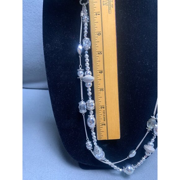 Silver-Tone Beaded Multi-Strand Necklace with Chain & Textured Beads 36" - Picture 4 of 7